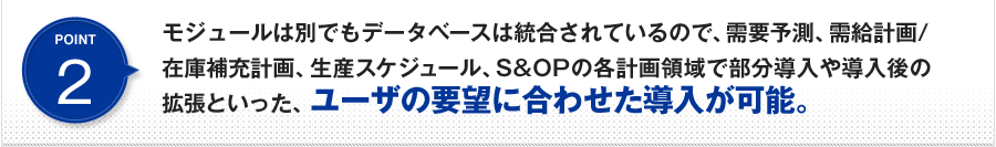 POINT2 モジュールは別でもデータベースは統合されているので、需要予測、需給計画/在庫補充計画、生産スケジュール、S&OPの各計画領域で部分導入や導入後の拡張といった、ユーザの要望に合わせた導入が可能。