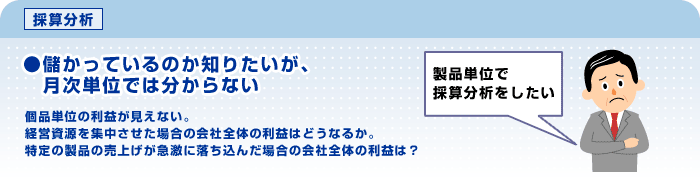 採算分析　儲かっているのか知りたいが、月次単位では分らない。個品単位の利益が見えない。経営資源を集中させた場合の会社全体の利益はどうなるか。特定の製品の売上げが急激に落ち込んだ場合の会社全体の利益は？